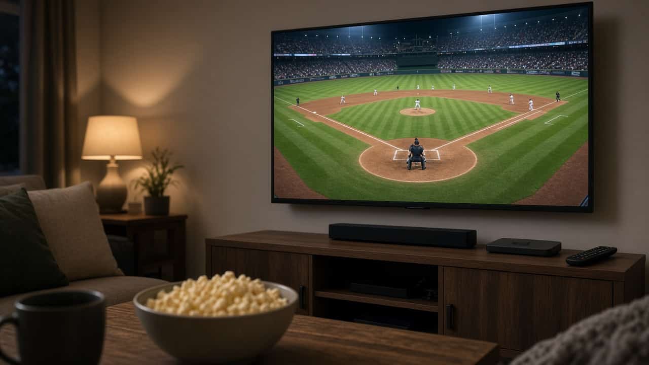 Living room at night with a wall-mounted TV showing a baseball game from behind home plate, a streaming remote and flat antenna on the console, and a bowl of popcorn