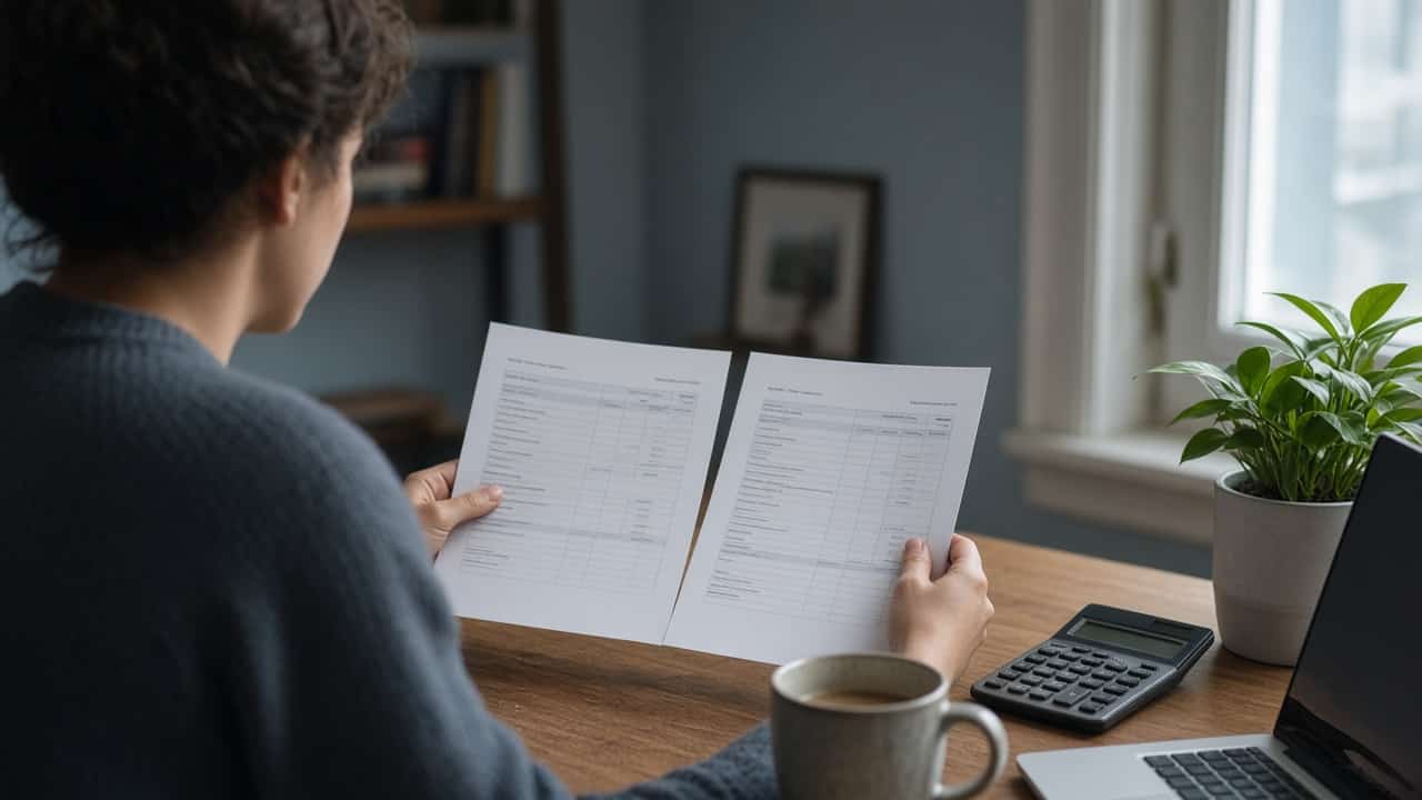 Young adult at a desk comparing two printed loan statements side by side, with a calculator, laptop, and mug of tea nearby