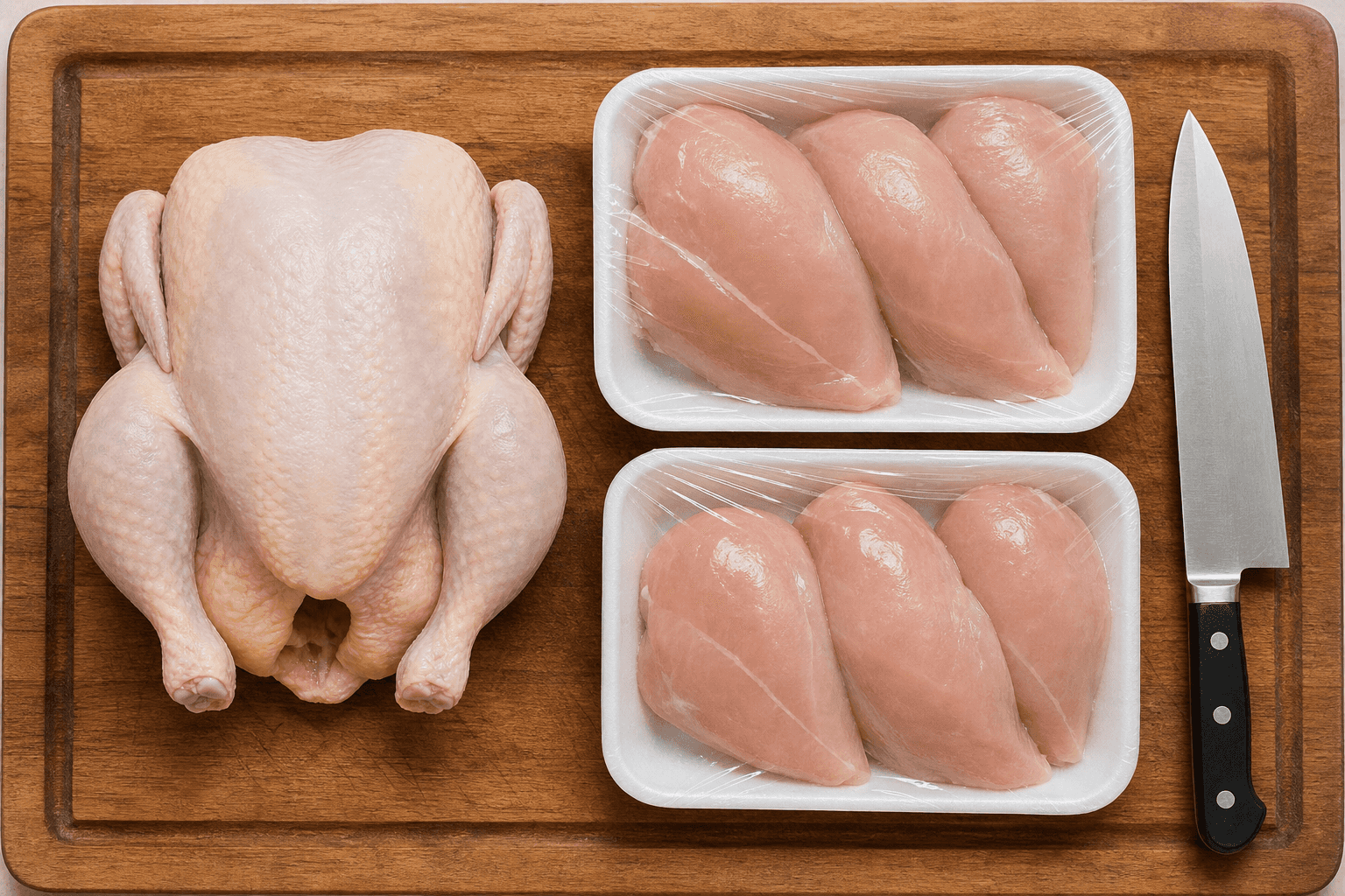 Overhead view of a whole raw chicken next to two trays of boneless skinless chicken breasts on a wooden cutting board with a chef's knife, comparing the cost of buying a whole chicken versus chicken breast