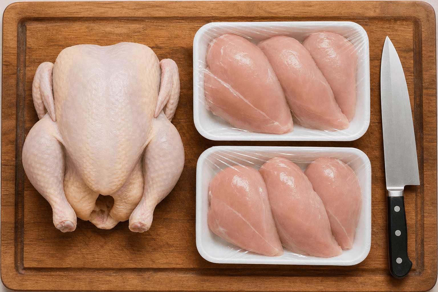 Overhead view of a whole raw chicken next to two trays of boneless skinless chicken breasts on a wooden cutting board with a chef's knife, comparing the cost of buying a whole chicken versus chicken breast