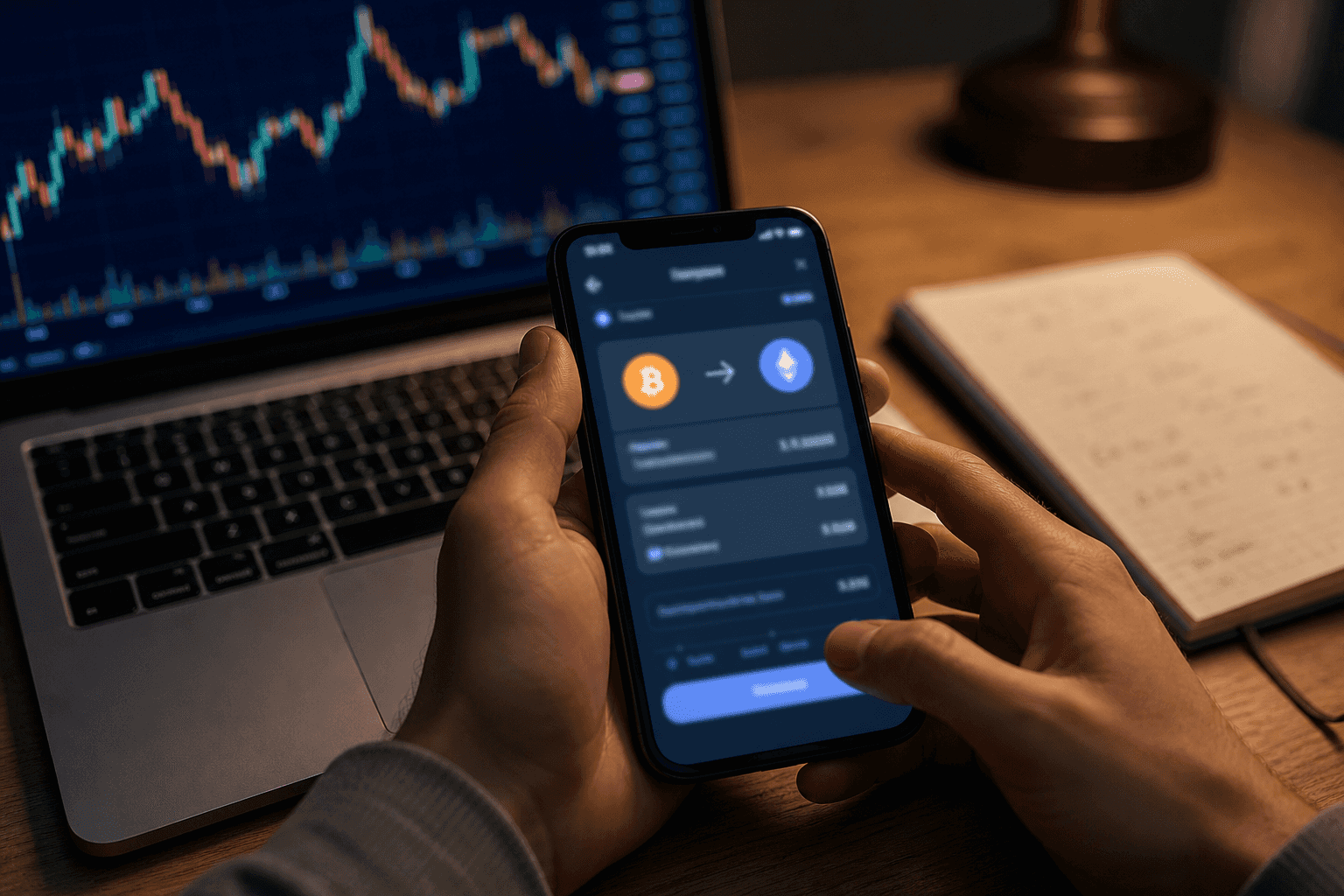 Hands holding a smartphone showing a cryptocurrency swap interface above a desk with a laptop displaying a candlestick price chart