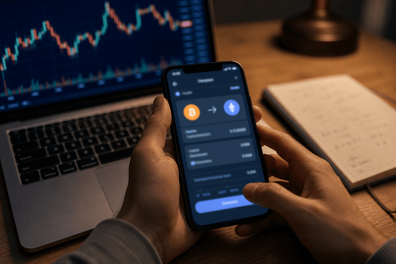 Hands holding a smartphone showing a cryptocurrency swap interface above a desk with a laptop displaying a candlestick price chart