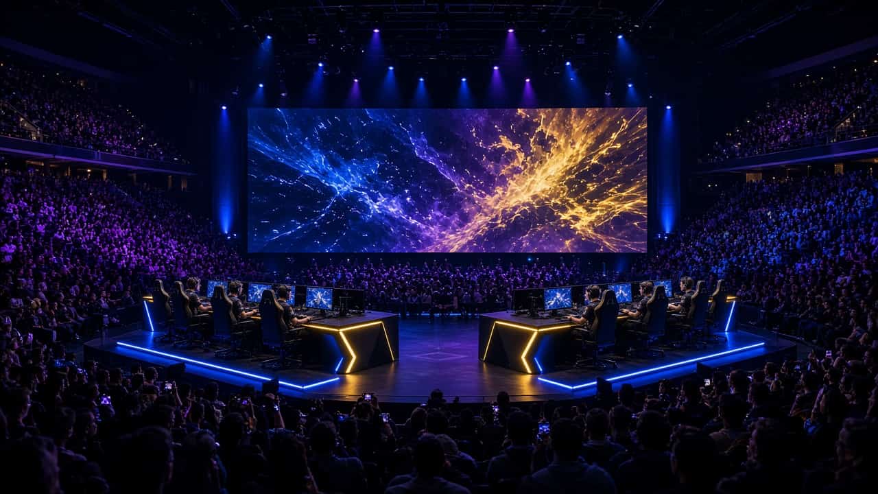 Two esports teams facing off at glowing desks on a stage in a packed arena with a giant LED screen showing blue and gold visuals under violet lighting
