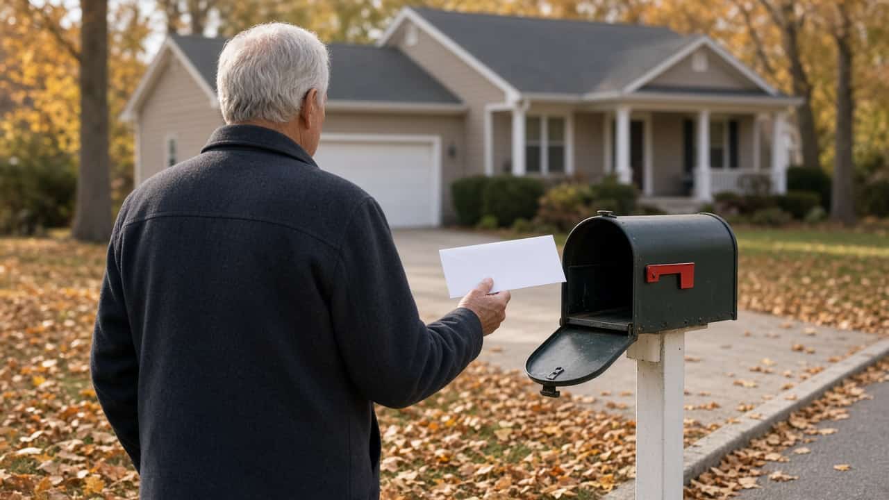 Older adult standing at a curbside mailbox on an autumn morning holding a single white envelope, with a suburban house in the background
