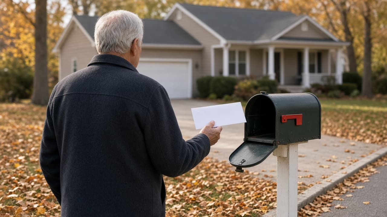 Older adult standing at a curbside mailbox on an autumn morning holding a single white envelope, with a suburban house in the background