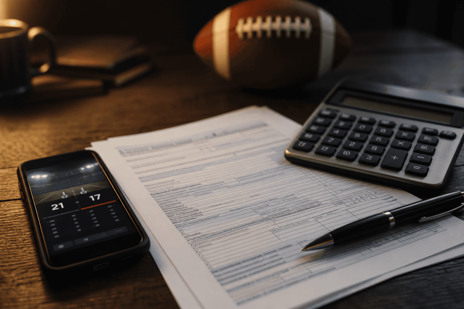 A dark wooden table with a smartphone showing a sports scoreboard, a printed tax form, a calculator, a pen, and an American football blurred in the background, lit with warm side light