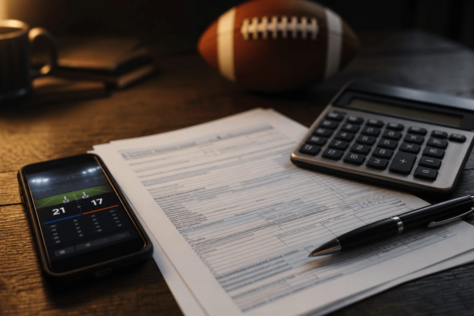 A dark wooden table with a smartphone showing a sports scoreboard, a printed tax form, a calculator, a pen, and an American football blurred in the background, lit with warm side light