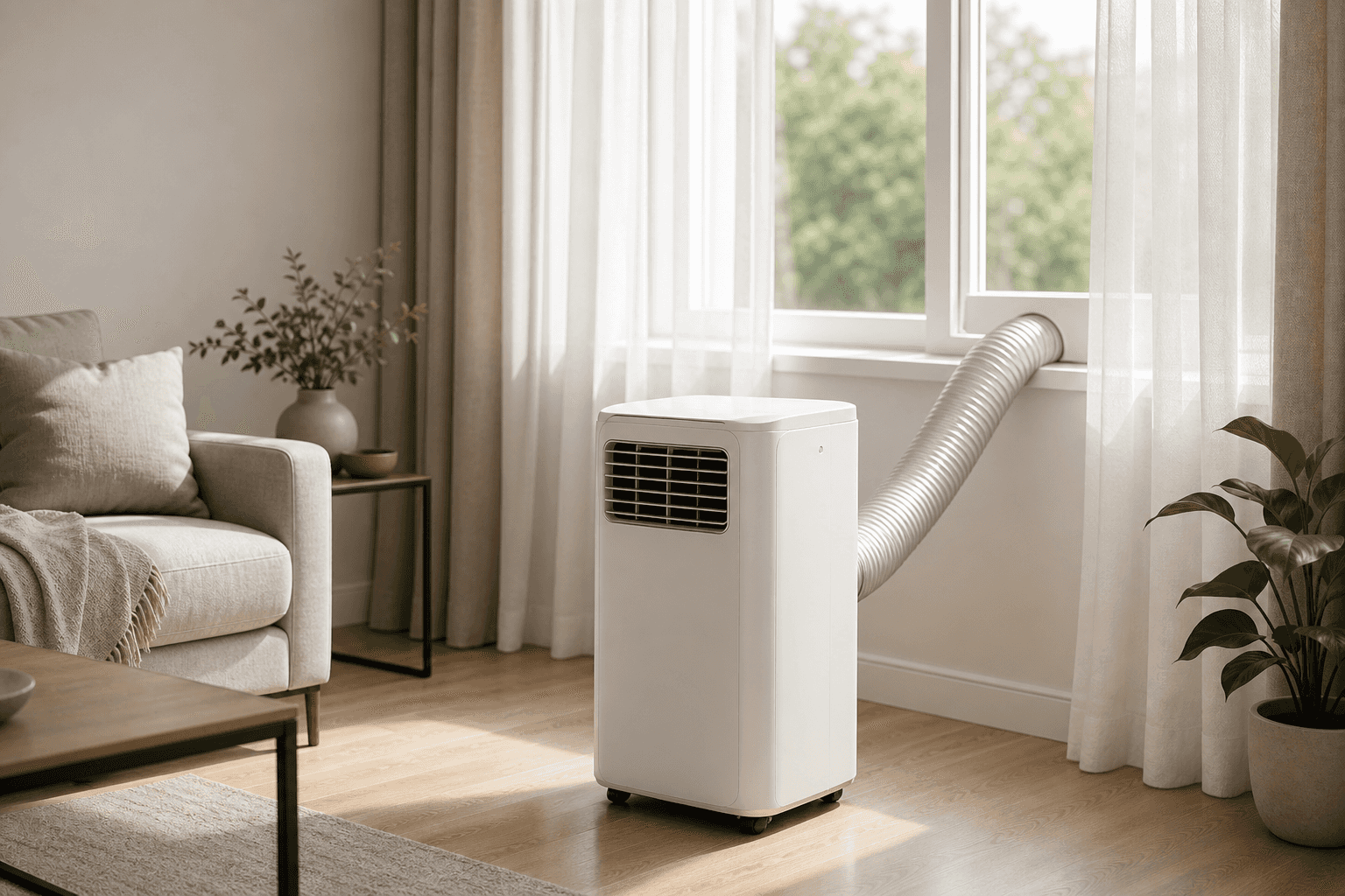 A white free-standing portable air conditioner on a wood floor in a sunlit living room with its silver exhaust hose running to a partly open window, the single-hose setup at the center of whether portable air conditioners are worth it