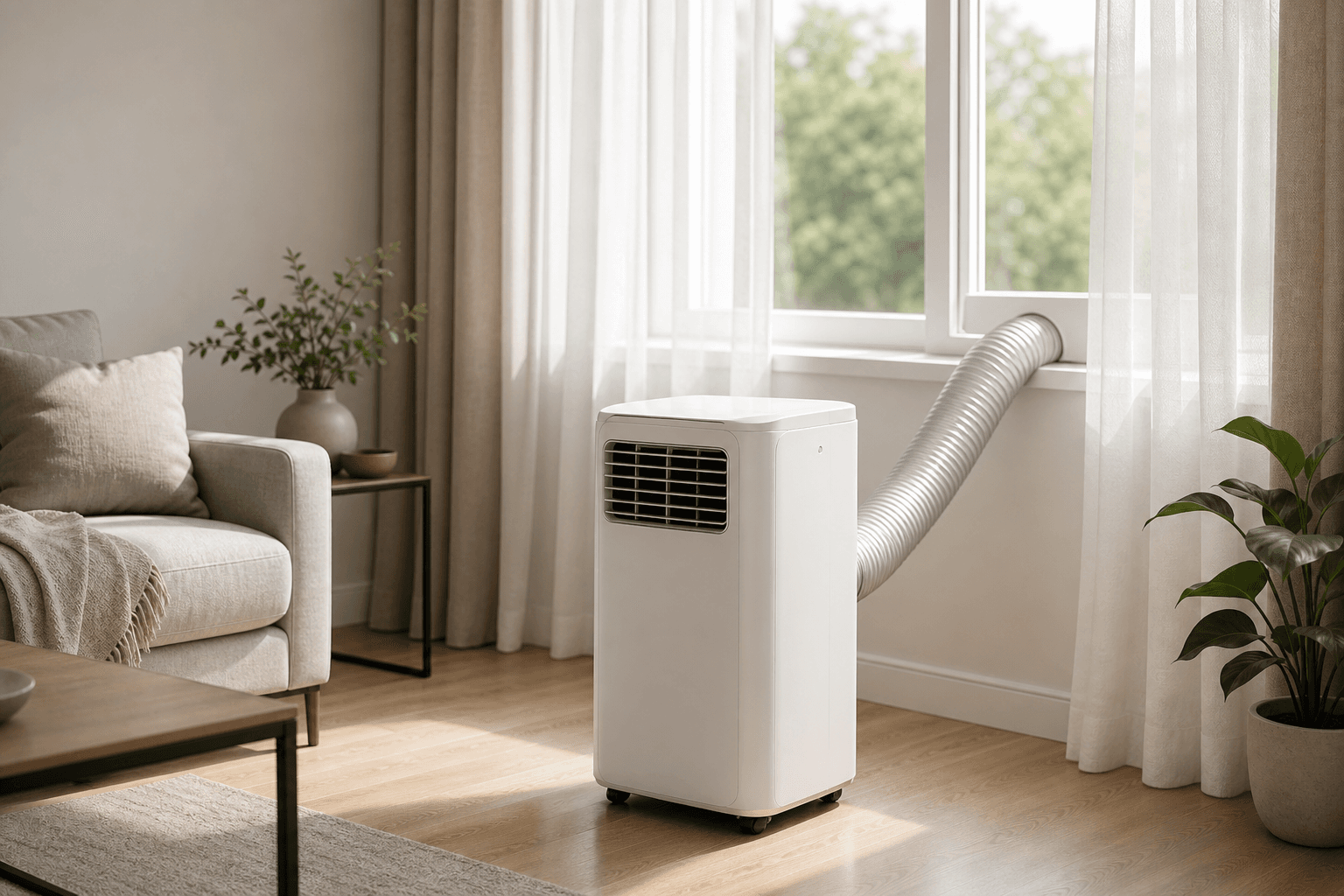 A white free-standing portable air conditioner on a wood floor in a sunlit living room with its silver exhaust hose running to a partly open window, the single-hose setup at the center of whether portable air conditioners are worth it