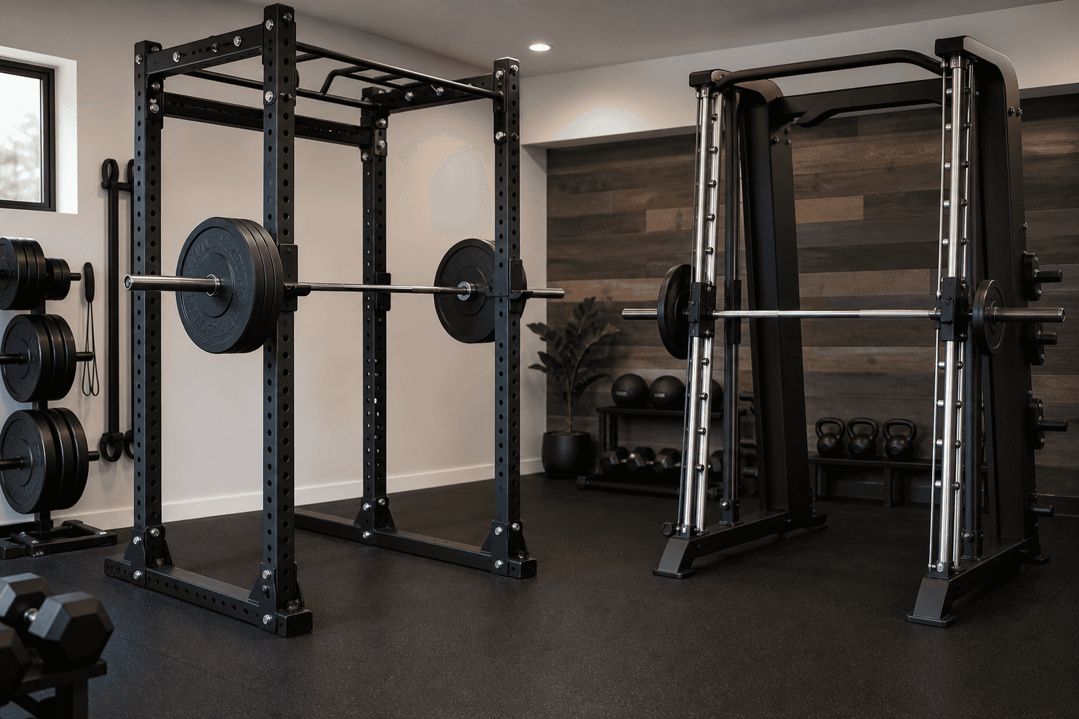A home garage gym with a black steel power rack holding a loaded barbell on one side and a Smith machine with guided vertical rails on the other, over rubber flooring with weight plates stacked nearby