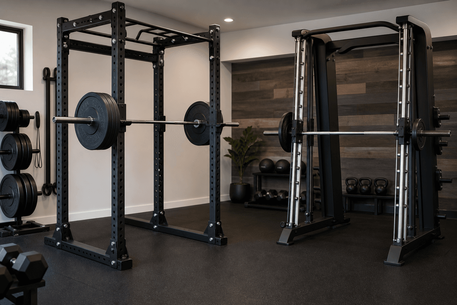 A home garage gym with a black steel power rack holding a loaded barbell on one side and a Smith machine with guided vertical rails on the other, over rubber flooring with weight plates stacked nearby