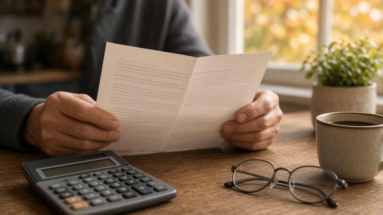 Older adult's hands holding a folded benefit statement at a kitchen table with a calculator, reading glasses, and a mug of coffee