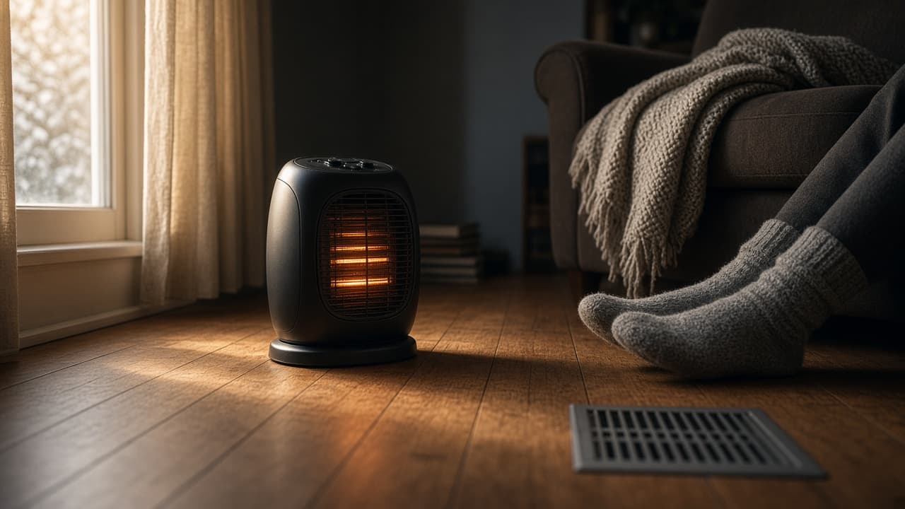 Small ceramic space heater glowing orange on a hardwood living room floor beside an armchair with a knit blanket and a floor heating vent