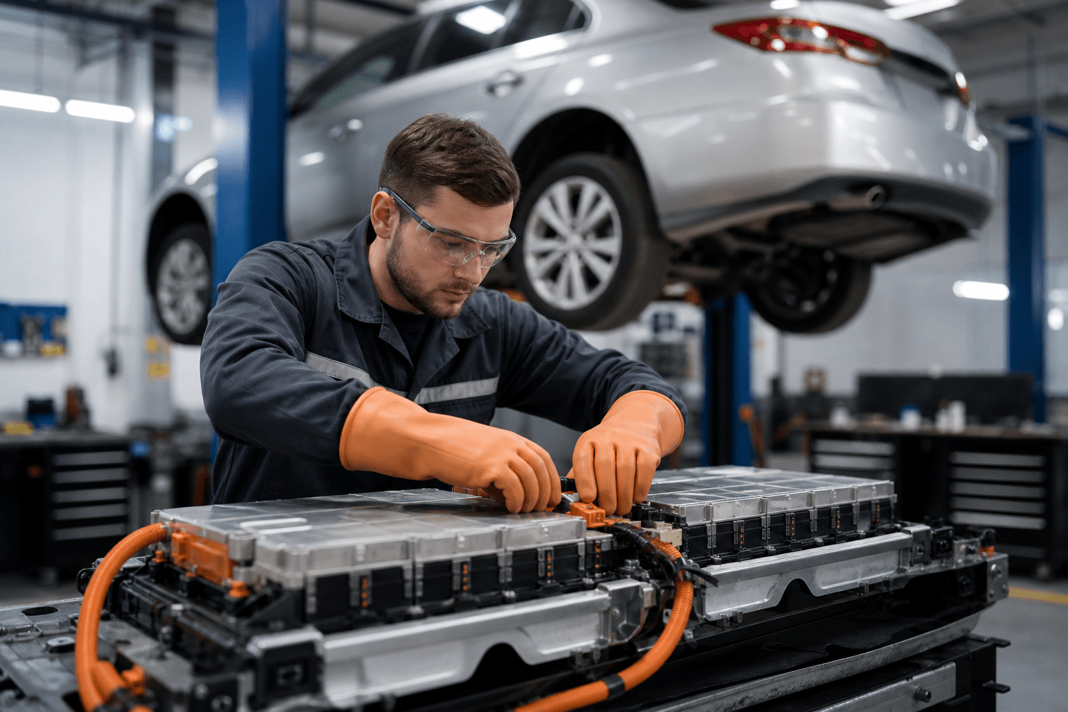 A technician in insulating gloves servicing a hybrid car's high-voltage battery pack with an orange high-voltage cable visible, a silver sedan raised on a lift in the background of a clean repair shop