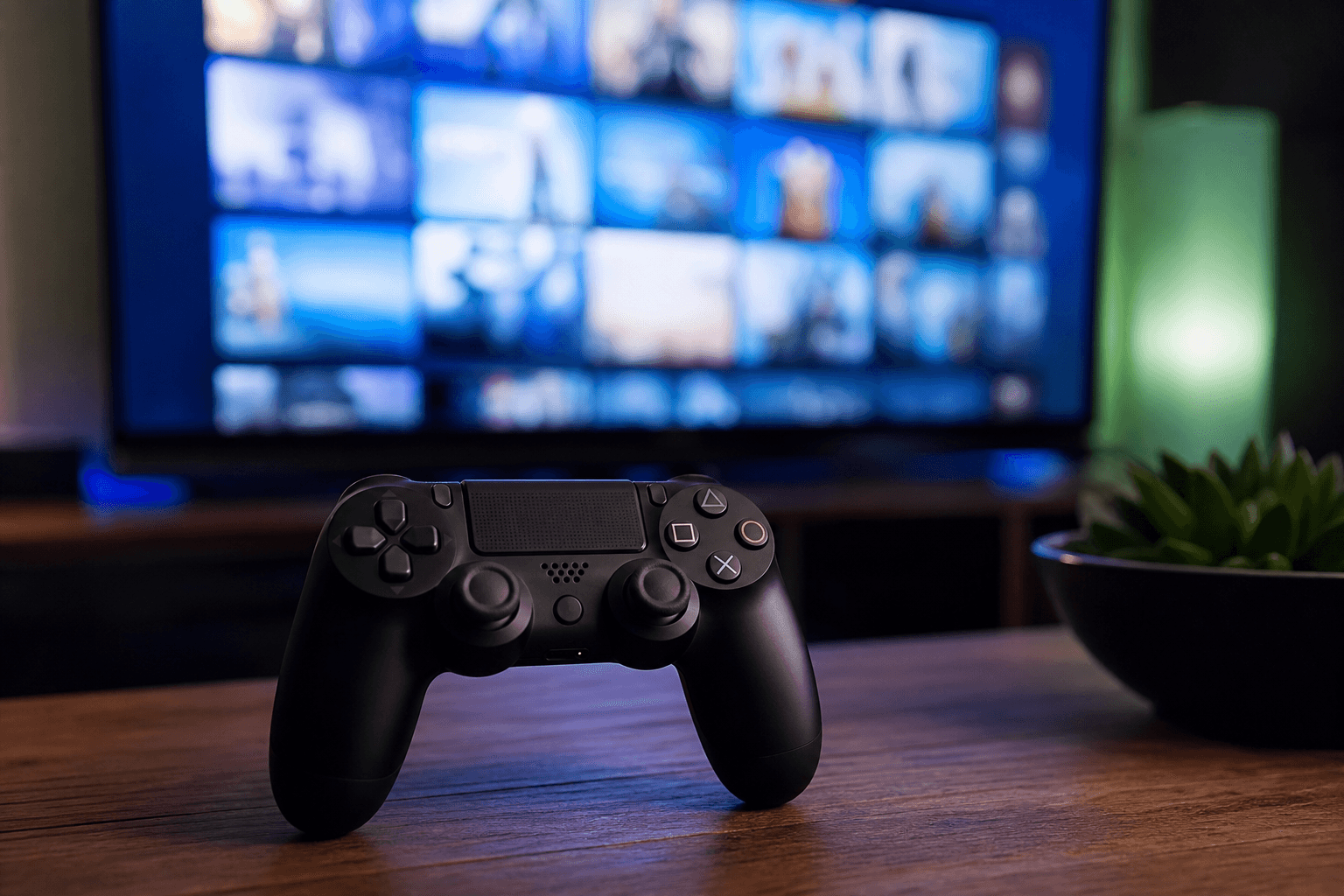 A black game console controller on a wooden table in front of a TV showing a blurred game-library grid, illustrating what happens to your downloaded games when you cancel a Game Pass subscription