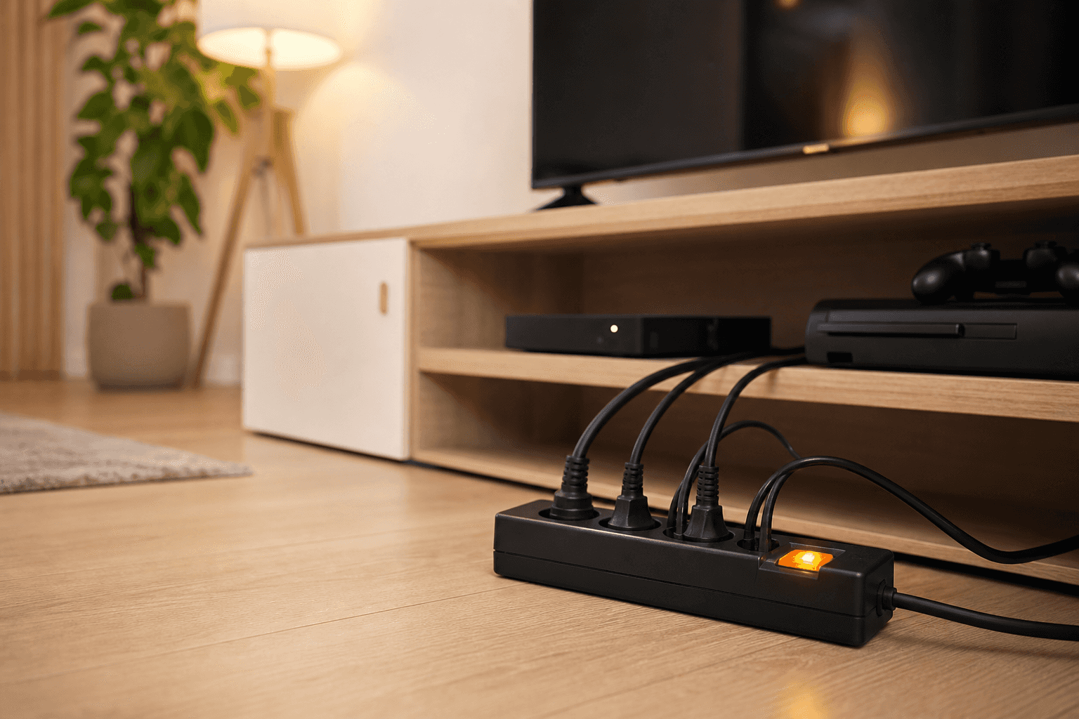 A black power strip with a glowing amber switch on a wood floor, several appliance cords running up to a television, a black cable box, and a game console on a media console, illustrating which appliances to unplug to cut standby power