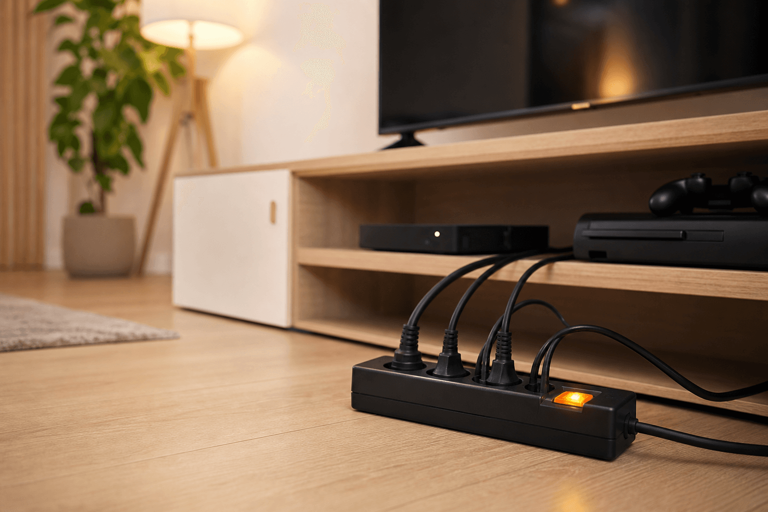 A black power strip with a glowing amber switch on a wood floor, several appliance cords running up to a television, a black cable box, and a game console on a media console, illustrating which appliances to unplug to cut standby power
