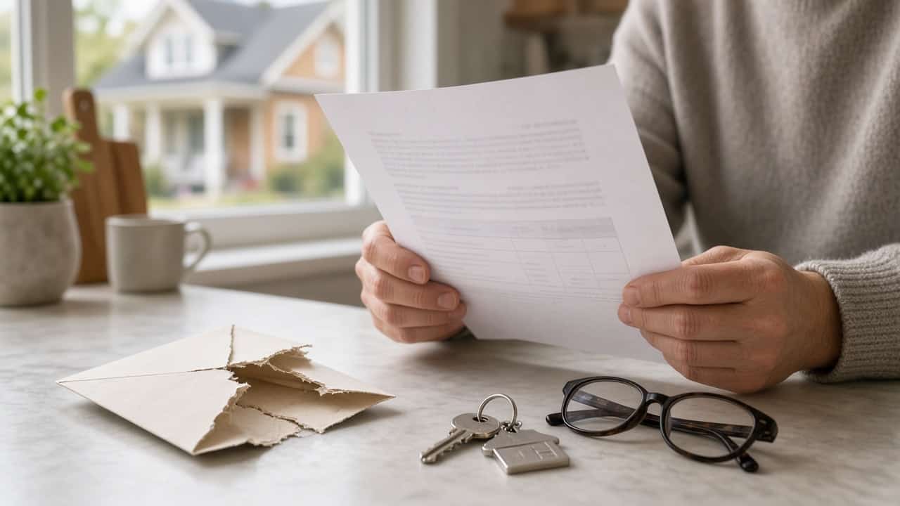 Homeowner's hands holding an opened insurance renewal letter over a kitchen counter with a torn envelope, house keys, and reading glasses