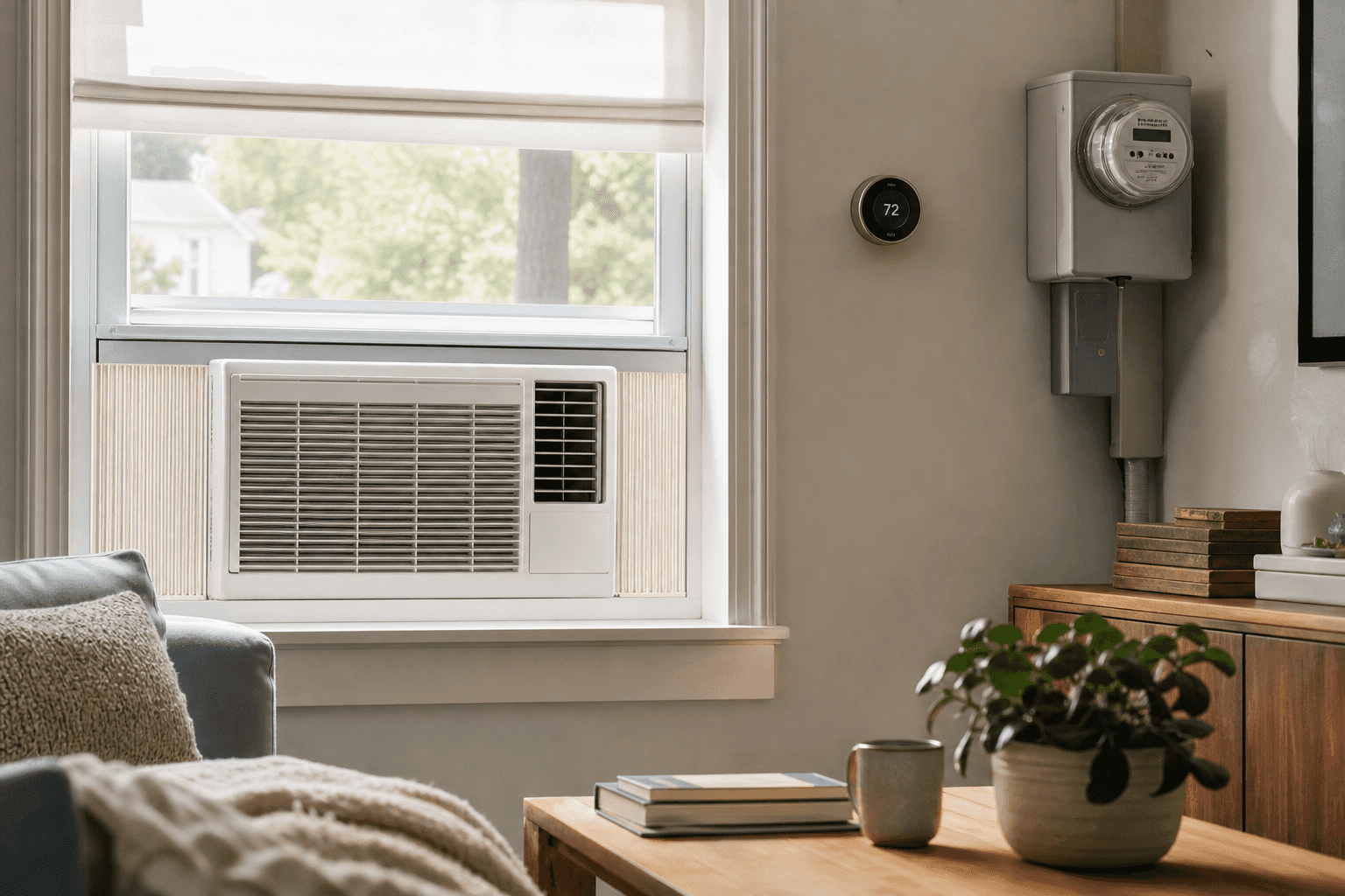 A white window air conditioner installed in a sunlit living-room window, with a wall thermostat reading 72 and a residential electricity meter nearby, illustrating the monthly cost of running a window AC unit