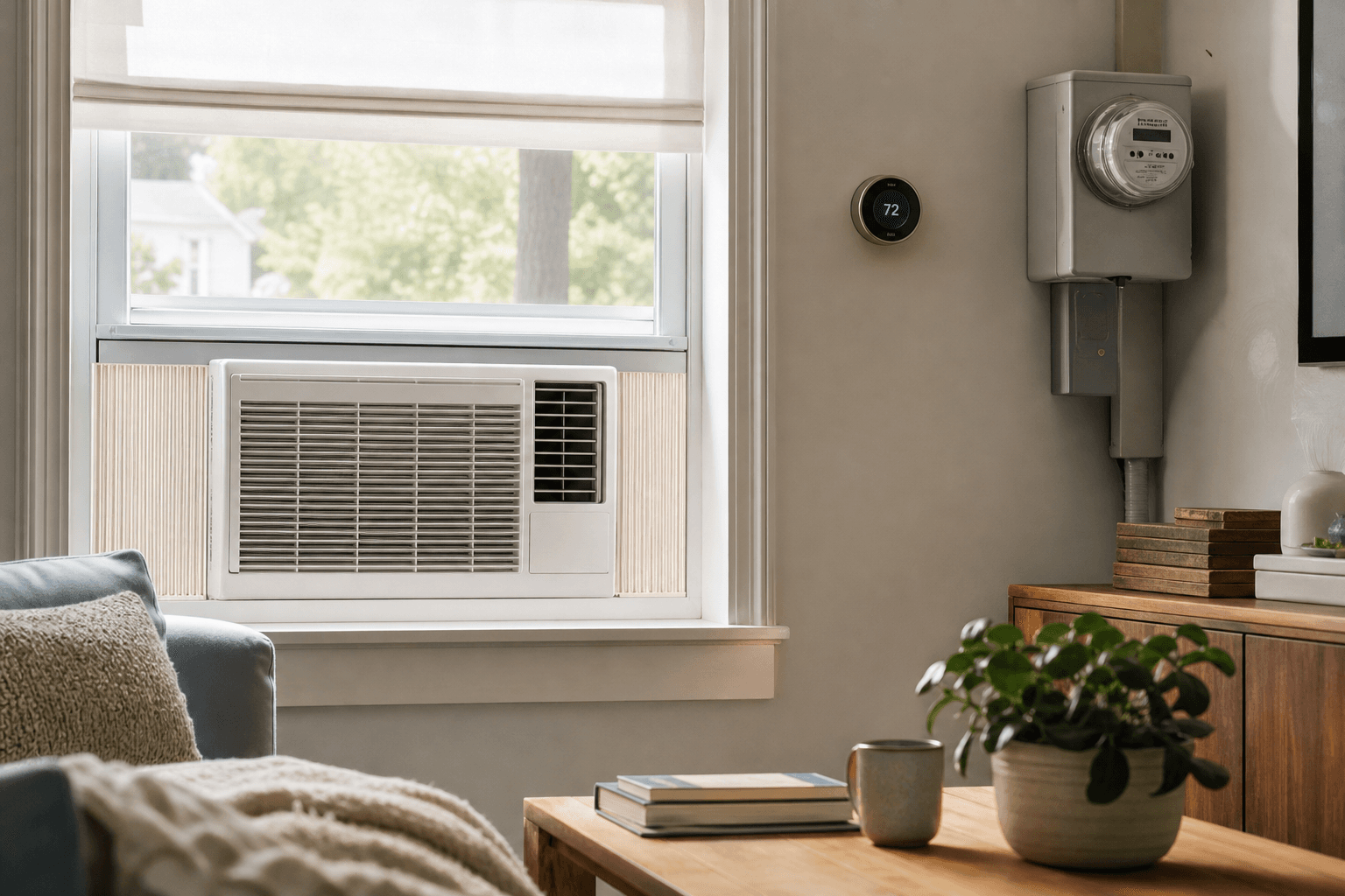 A white window air conditioner installed in a sunlit living-room window, with a wall thermostat reading 72 and a residential electricity meter nearby, illustrating the monthly cost of running a window AC unit