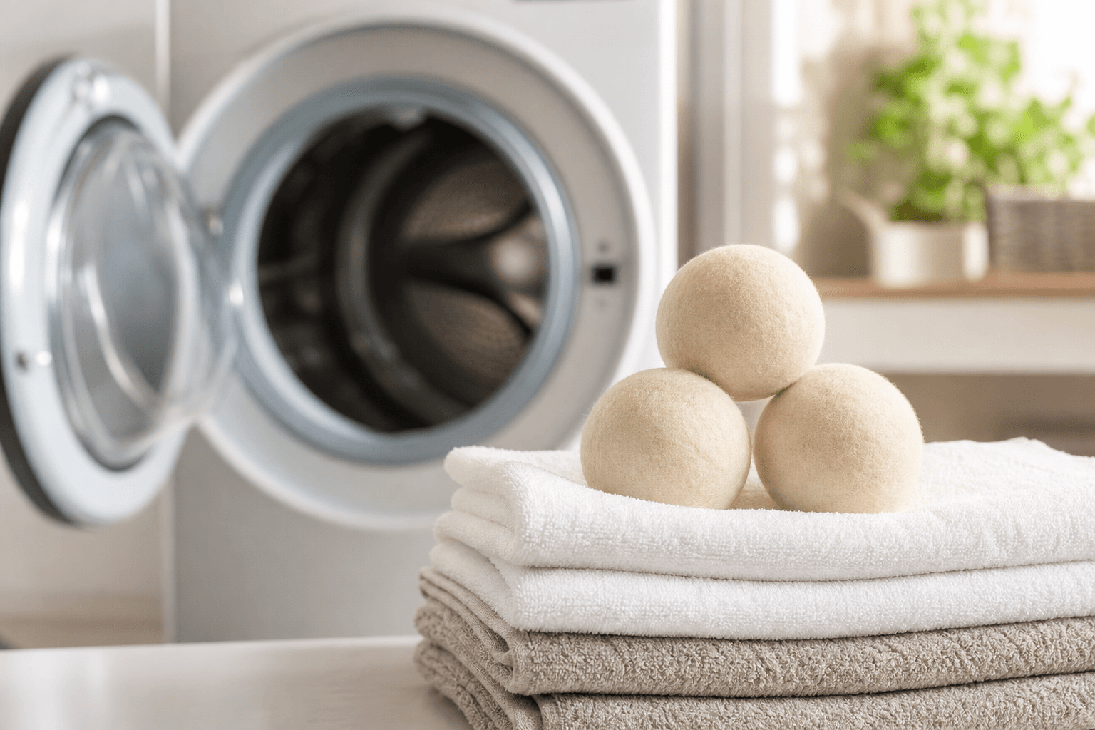 Three natural cream-colored felted wool dryer balls stacked on a pile of folded white and beige towels in front of an open front-loading dryer, the reusable dryer-sheet alternative at the center of whether wool dryer balls save money