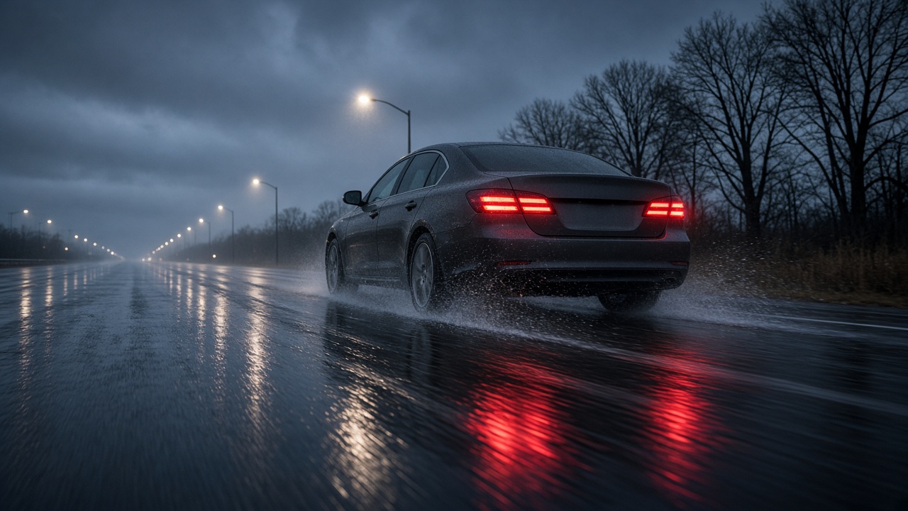 Gray sedan braking on a rain-soaked highway at dusk with water spray from the tires and red brake lights reflecting on wet asphalt