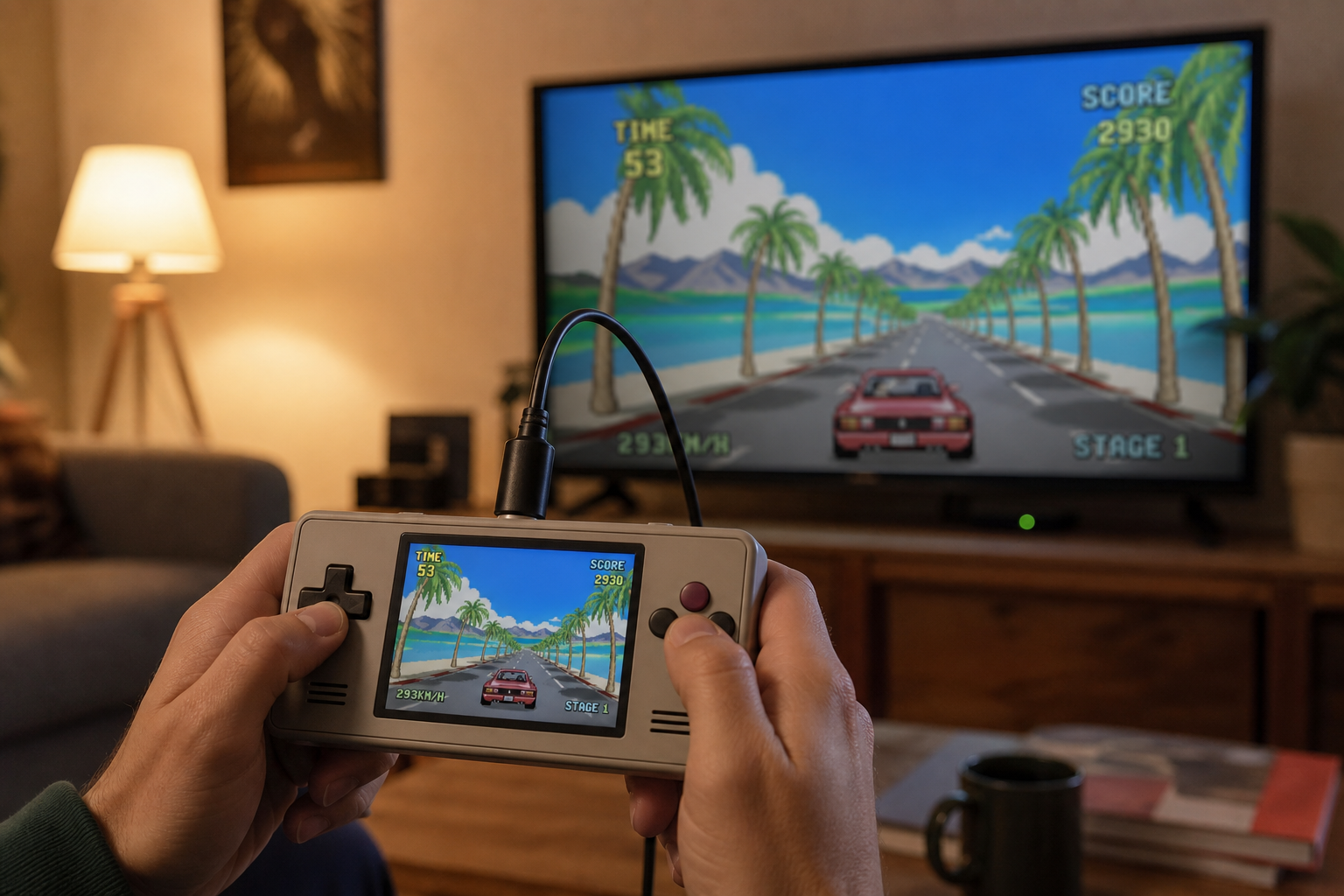 Hands holding a small retro gaming handheld connected by HDMI cable to a living room TV displaying the same pixel-art racing game