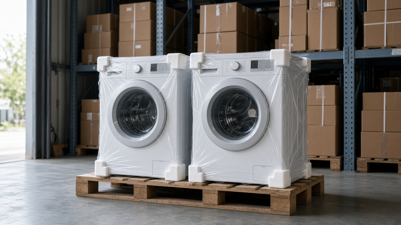 White front-load washer and dryer on a pallet in a warehouse stockroom, still wrapped in protective film with foam corner guards