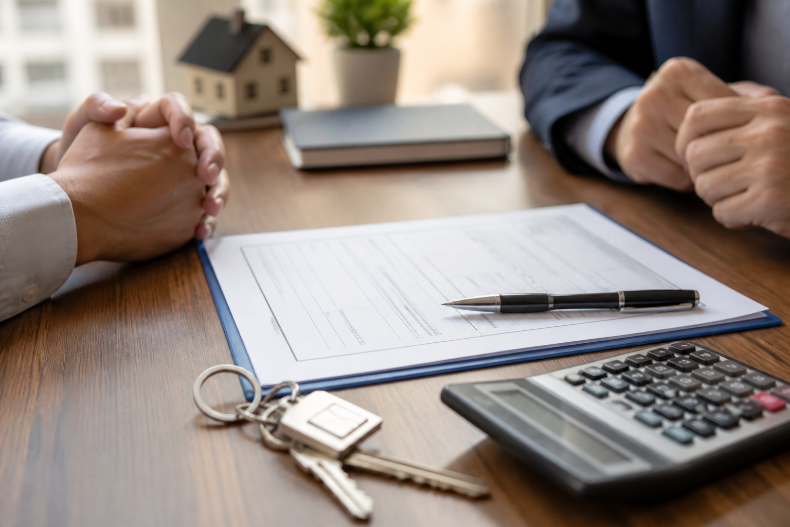 Closing table with mortgage paperwork, a pen, a calculator, and house keys, with a buyer's and agent's hands resting on the table
