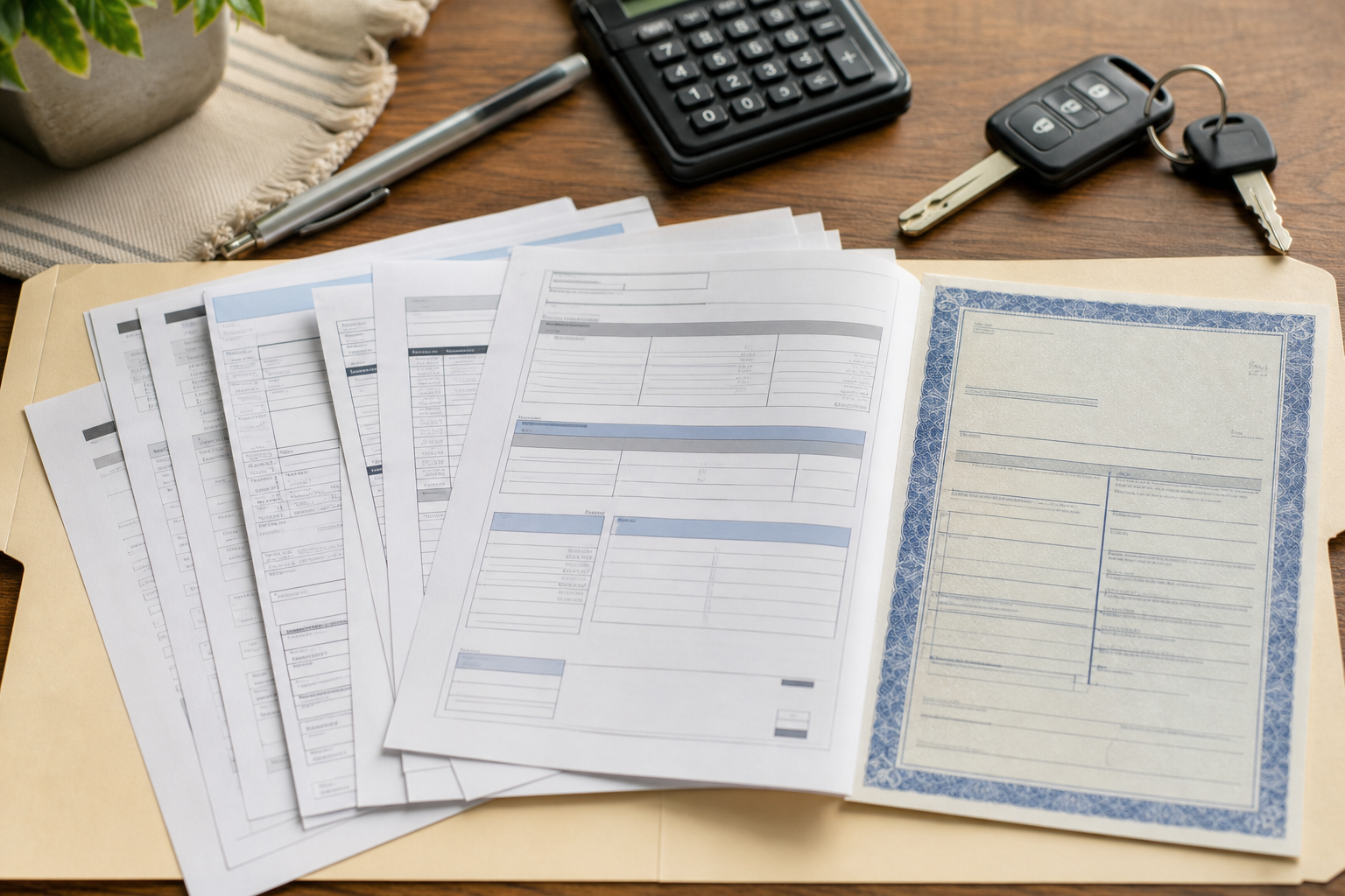 Folder of auto repair receipts and invoices fanned out on a table next to a vehicle title certificate, calculator, pen, and car keys