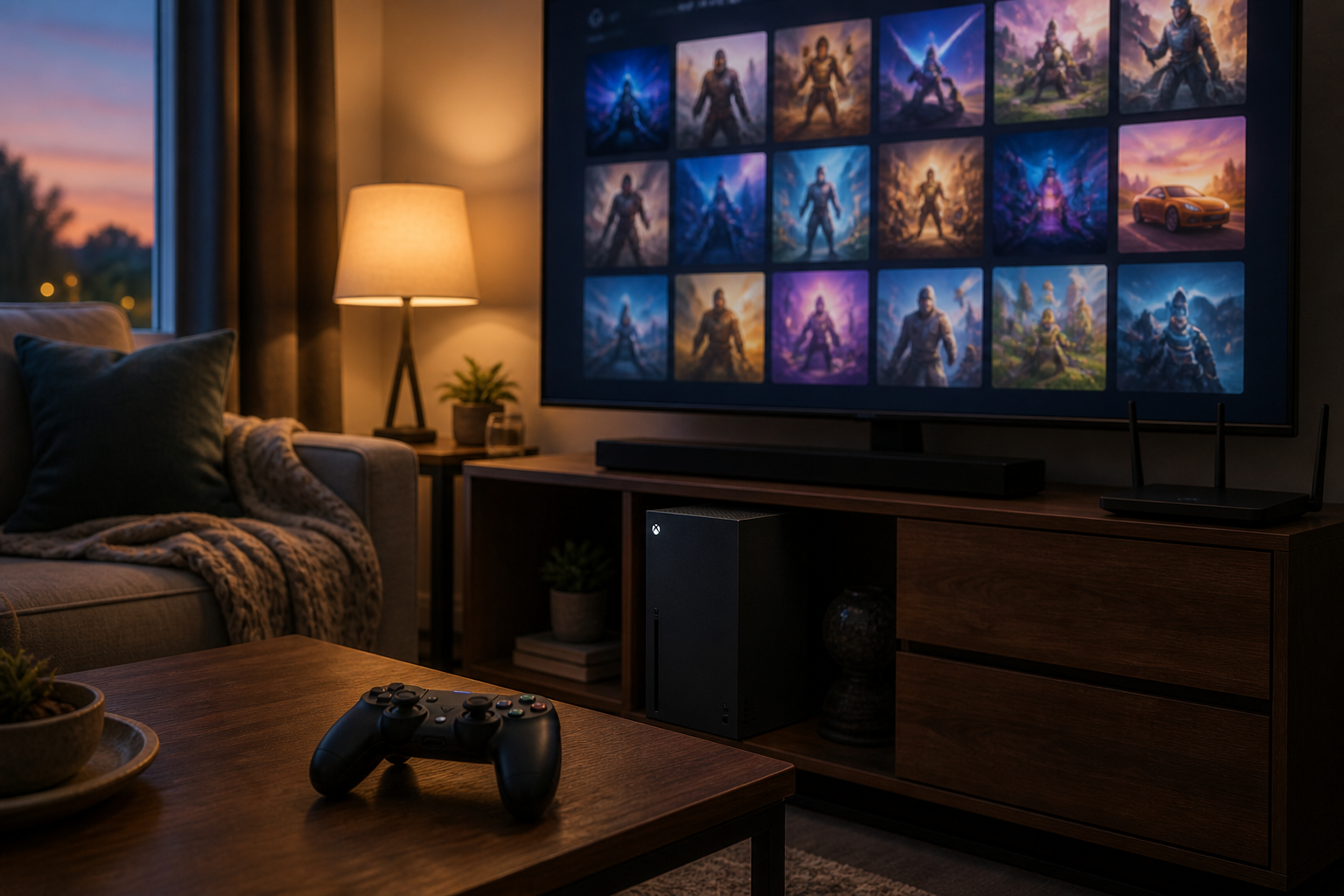 Living room game console under a TV showing a game library grid, with a wireless controller on the coffee table and a router with its lights off