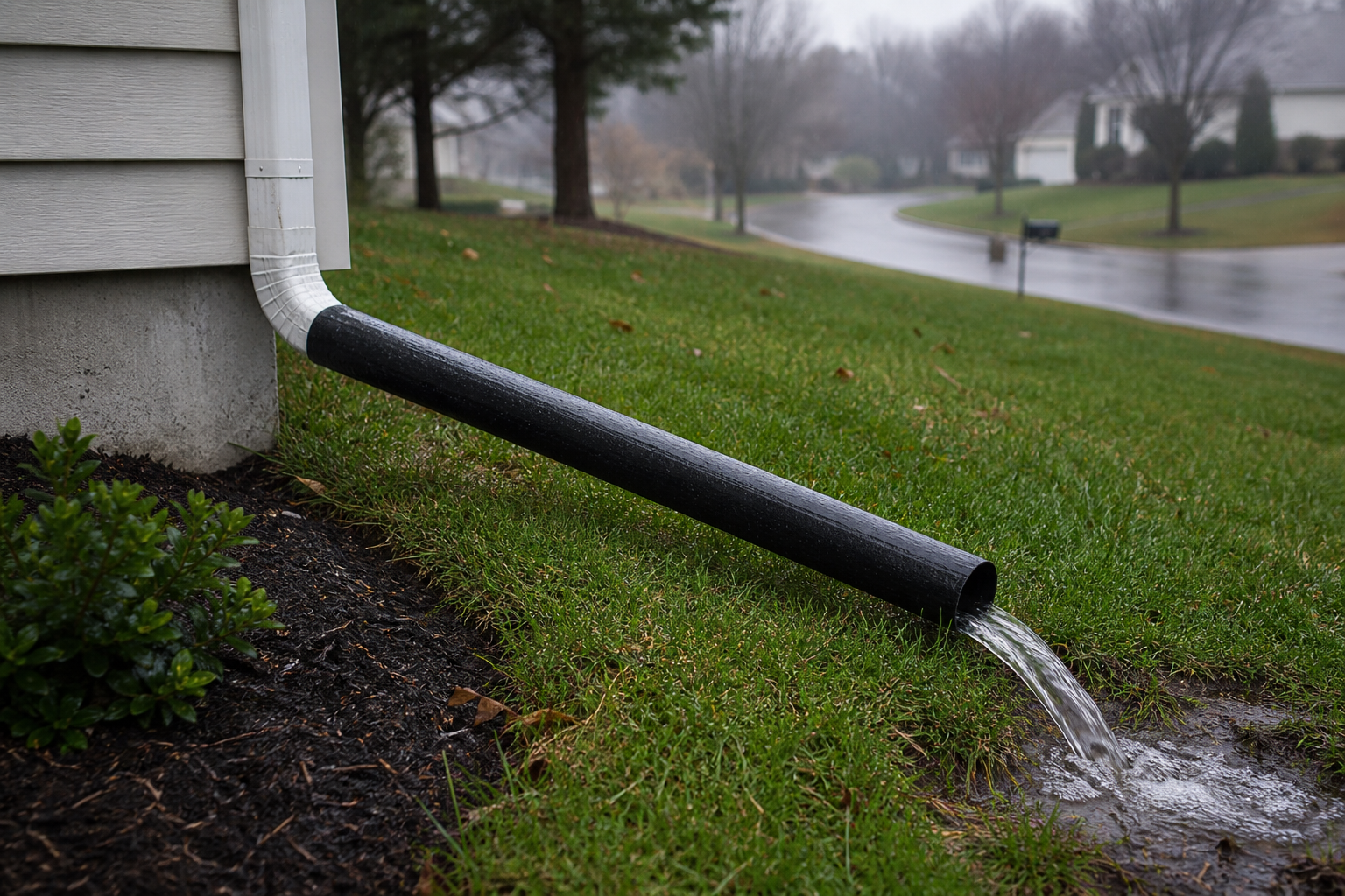 Gutter downspout with a long extension pipe carrying rainwater away from a house foundation across a sloped lawn in the rain
