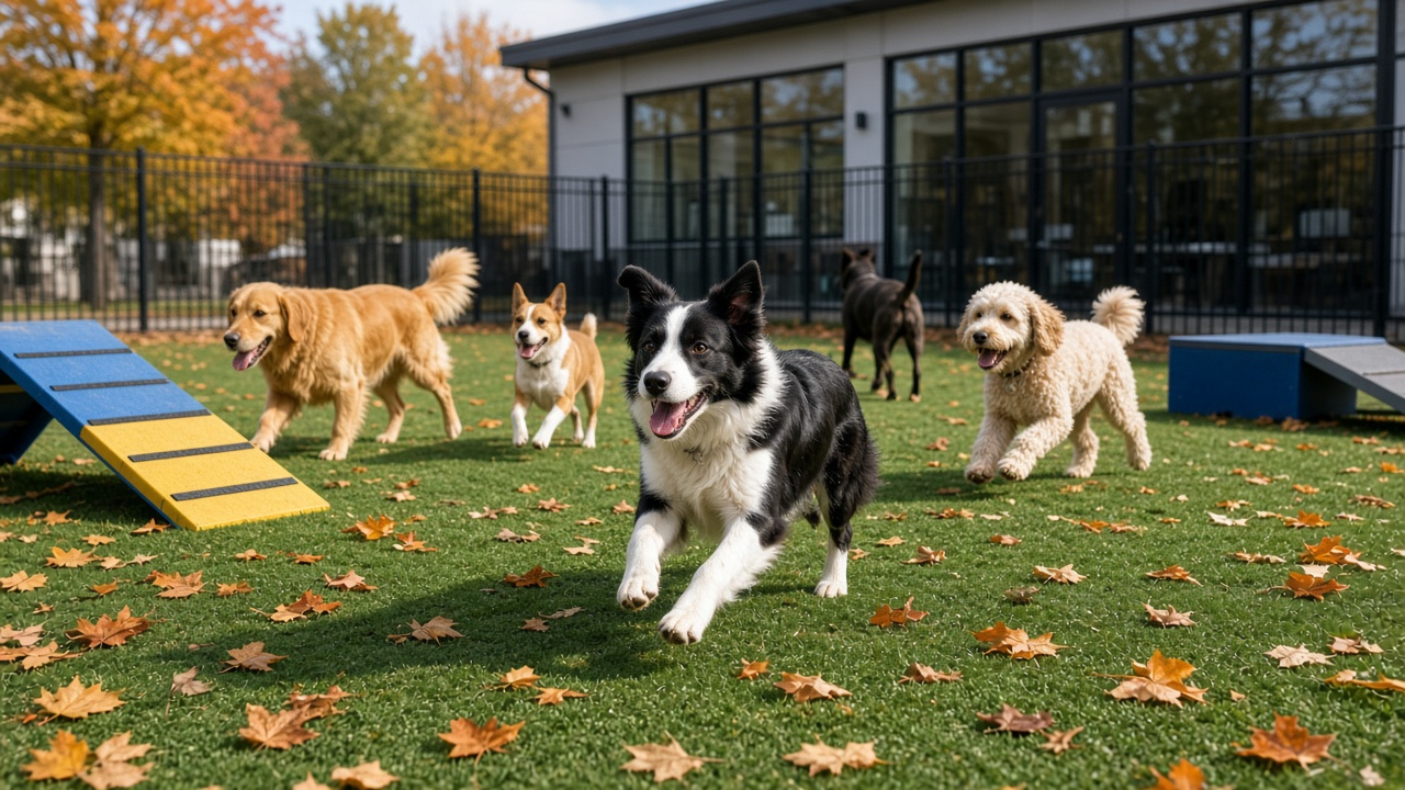 Several dogs of different breeds running and playing in a fenced outdoor daycare yard at a boarding facility with autumn leaves on the turf