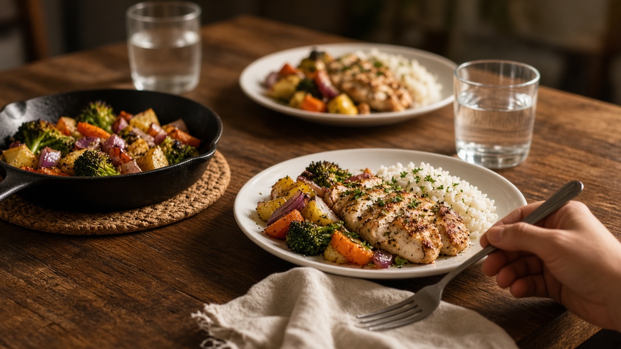 Home-cooked dinner for two being plated on a wooden table with seared chicken, roasted vegetables, and rice beside a cast-iron skillet
