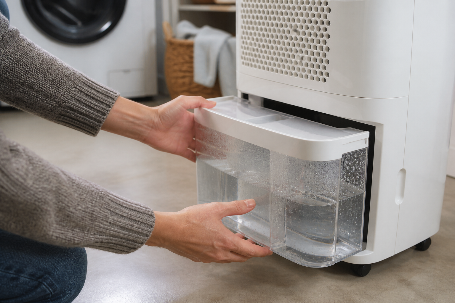 Hands sliding a full clear water collection tank out of a white portable dehumidifier in a basement laundry room