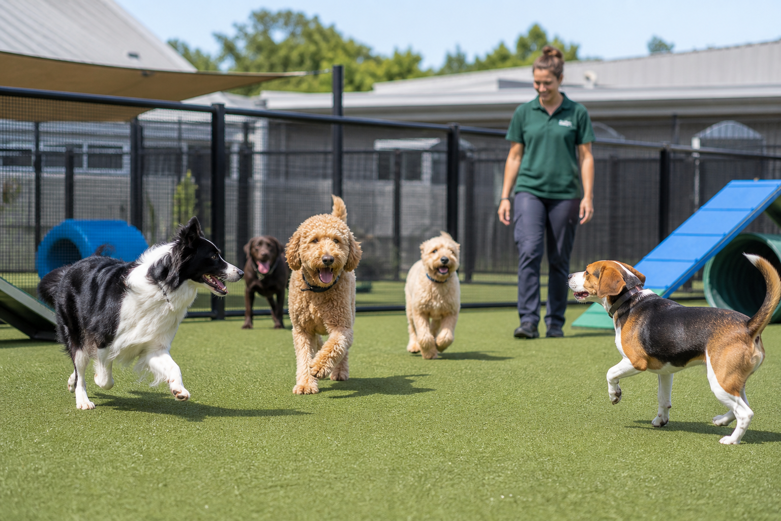 Dogs of different breeds playing on artificial turf in a fenced boarding facility play yard while a staff member supervises
