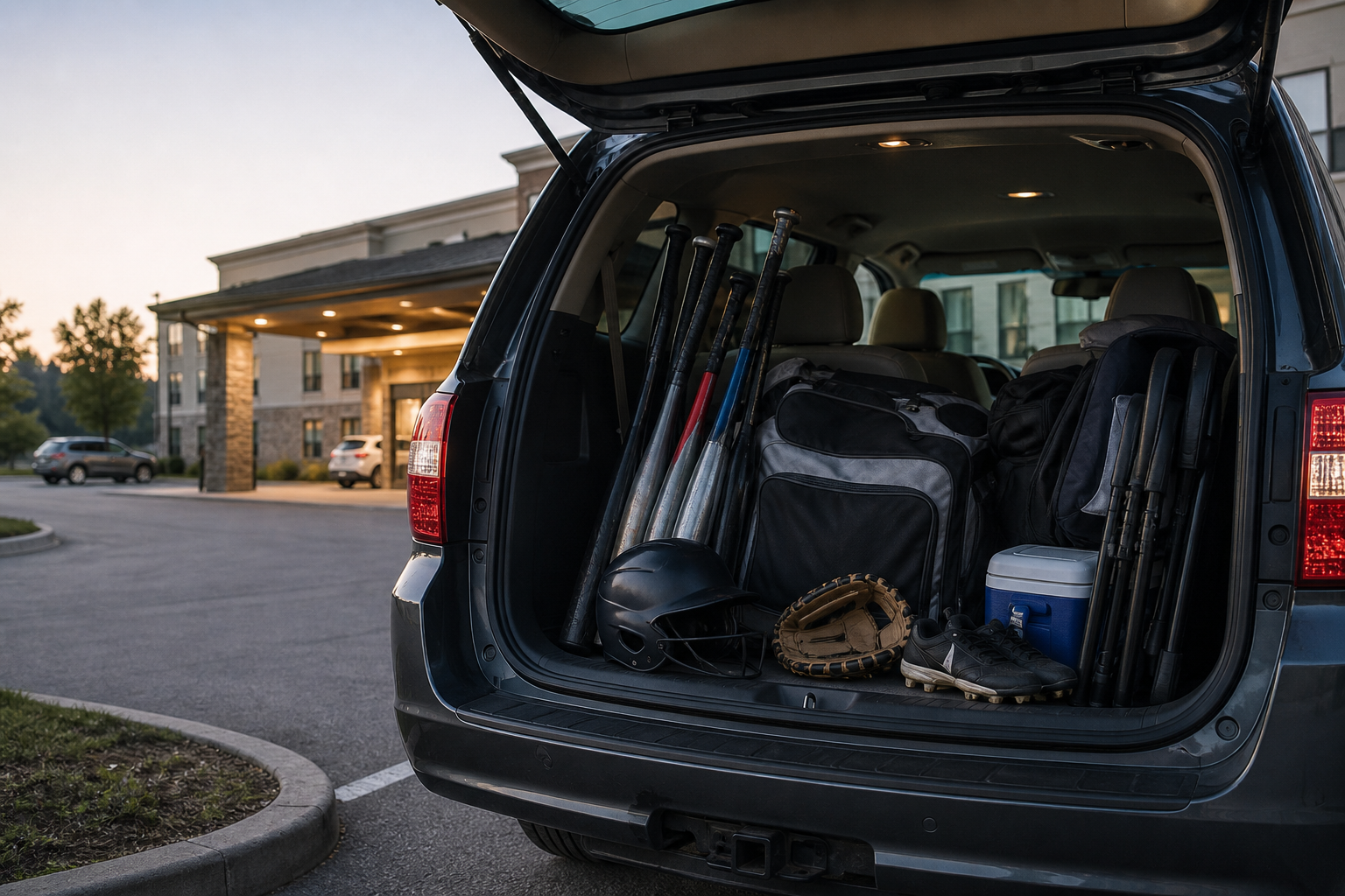 Open minivan trunk in a hotel parking lot at dawn packed with youth baseball bats, helmets, gloves, cleats, a gear bag, cooler, and folding chairs