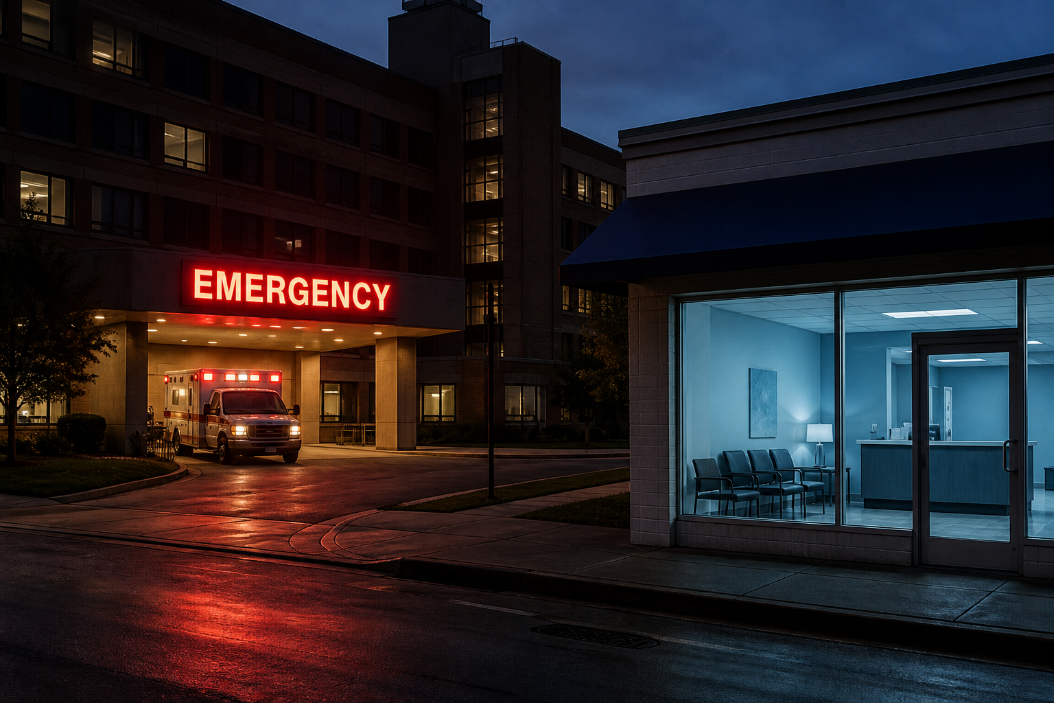 Glowing red emergency sign above a hospital ER entrance at dusk with an ambulance parked outside, across the street from a quiet walk-in clinic