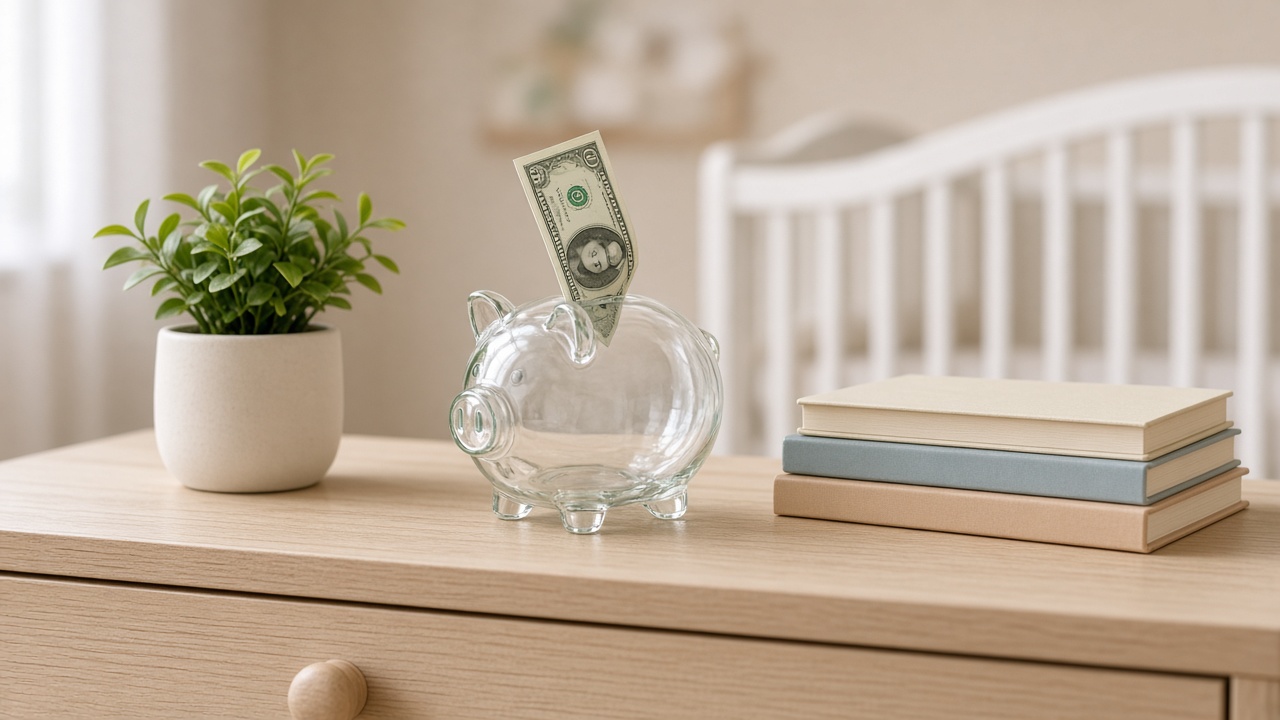Clear glass piggy bank on a nursery dresser with a folded banknote tucked into the slot, beside a small plant and a stack of children's books