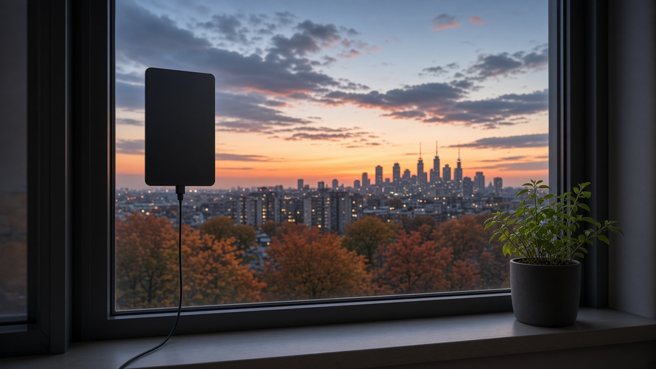 Flat black indoor TV antenna attached to an apartment window with a city skyline and broadcast towers at dusk outside