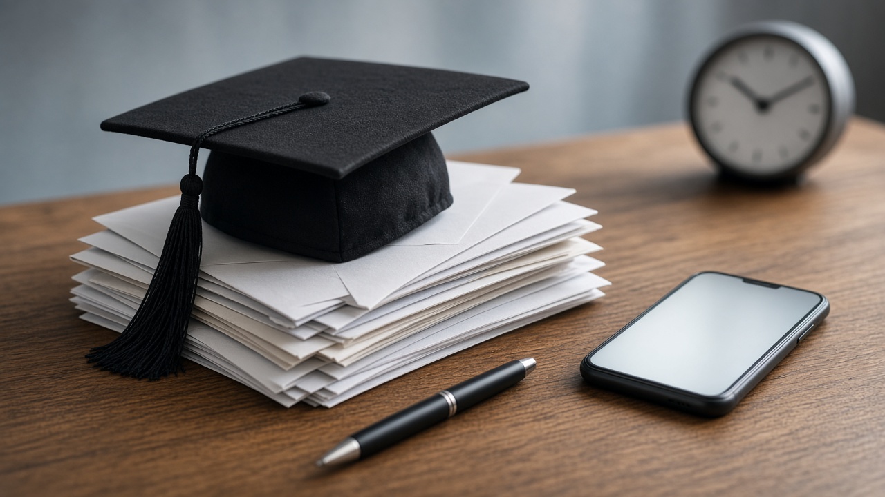 Black graduation cap resting on a stack of envelopes and paper bills on a wooden desk, with a smartphone, pen, and desk clock nearby