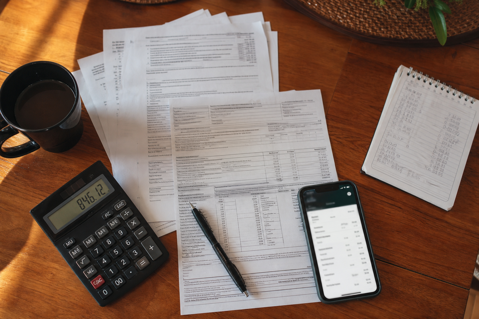 Overhead view of tax forms, a calculator, a pen, and a smartphone showing a betting app statement on a kitchen table