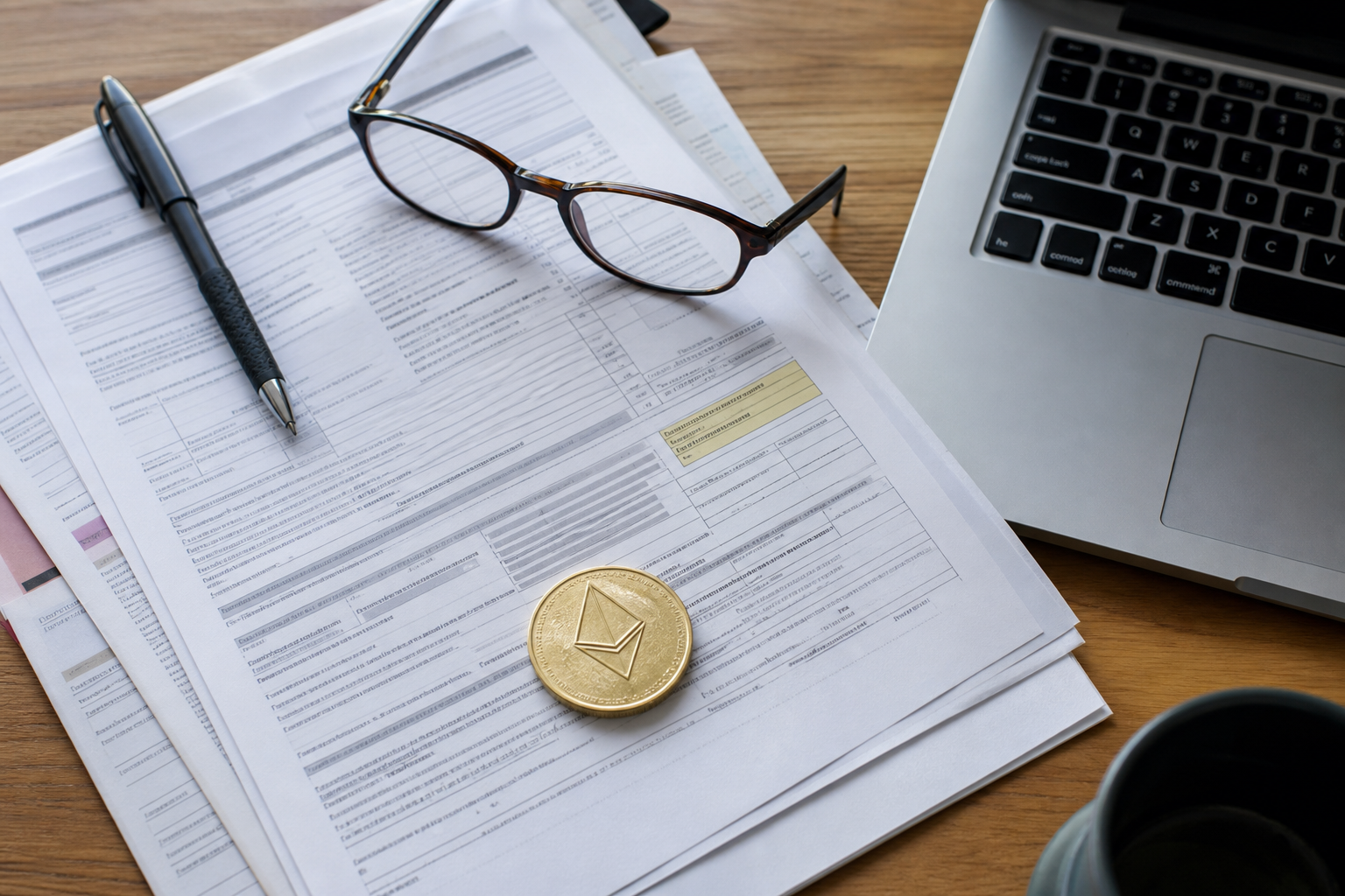 Tax form paperwork on a desk with a pen, reading glasses, a gold-colored crypto coin, and the corner of a laptop