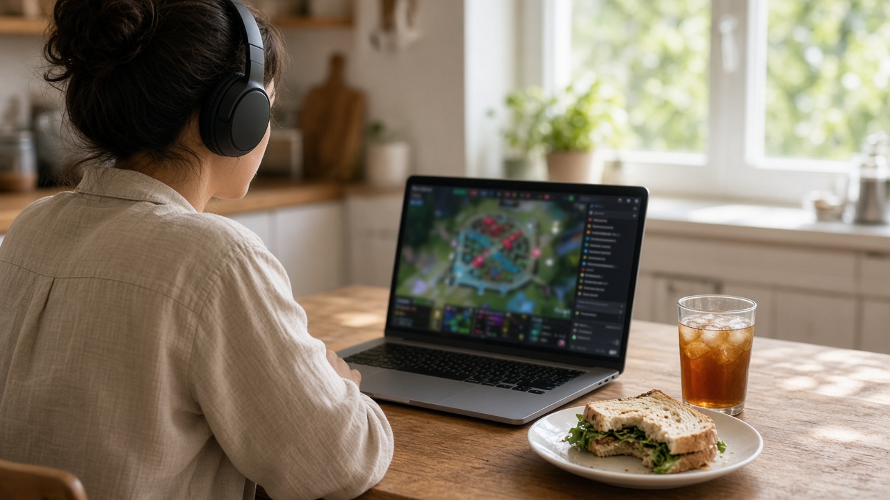 Person wearing headphones watching an esports match stream on a laptop at a kitchen table at midday, with a sandwich and iced tea beside it