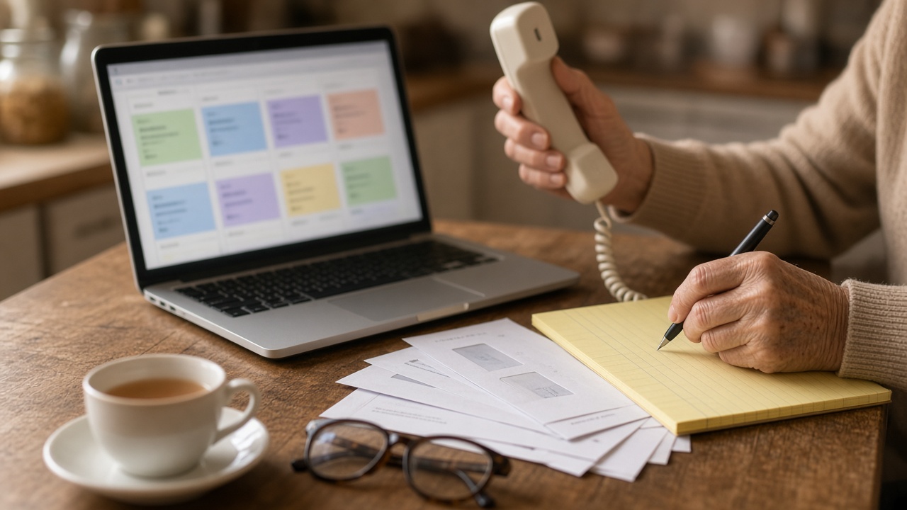 Older adult's hands holding a phone handset and writing on a legal pad beside a laptop showing a plan comparison grid and several opened letters