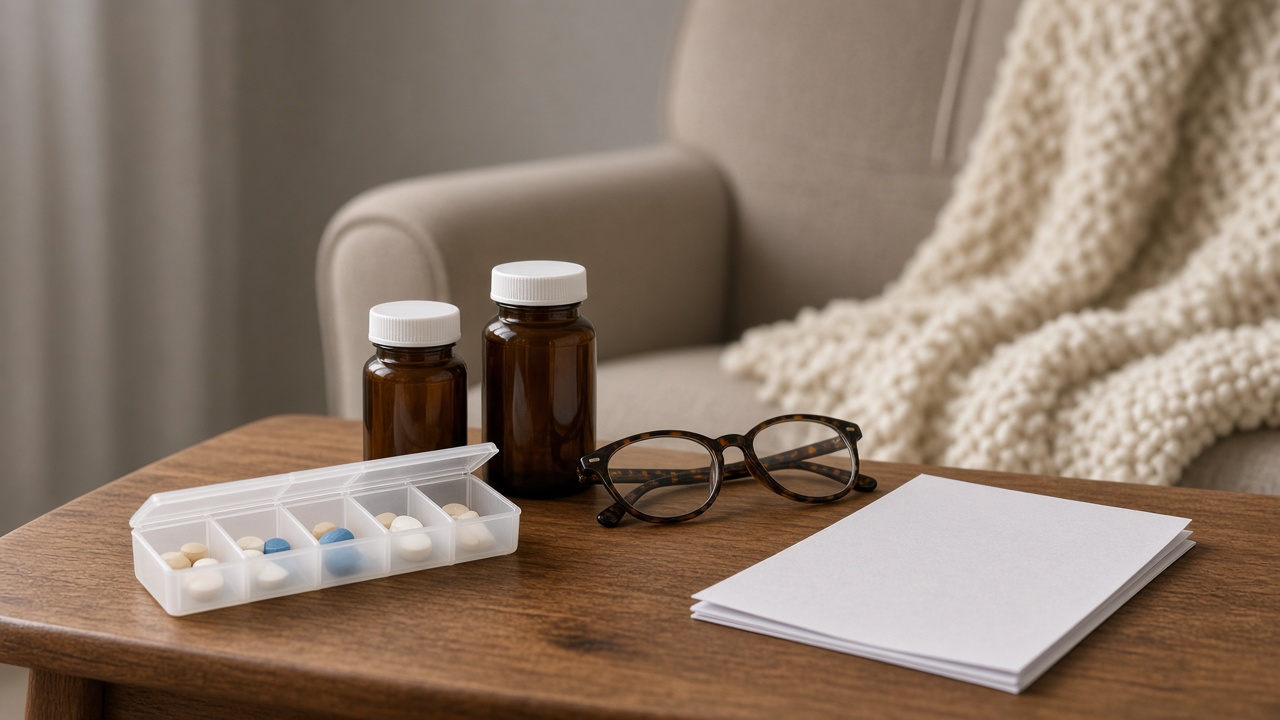 Weekly pill organizer, two amber prescription bottles, reading glasses, and a folded paper statement on a wooden side table beside an armchair