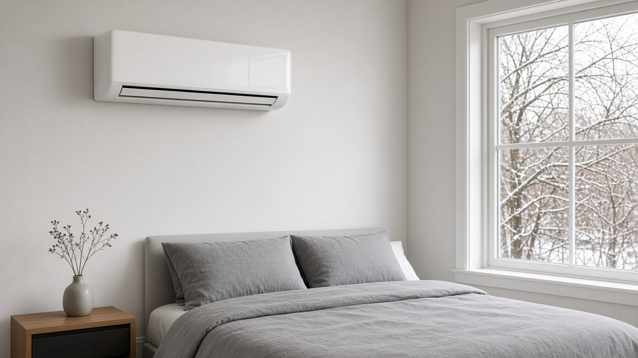 White ductless mini-split heat pump indoor unit mounted on a bedroom wall above a made bed, with snowy trees visible through the window