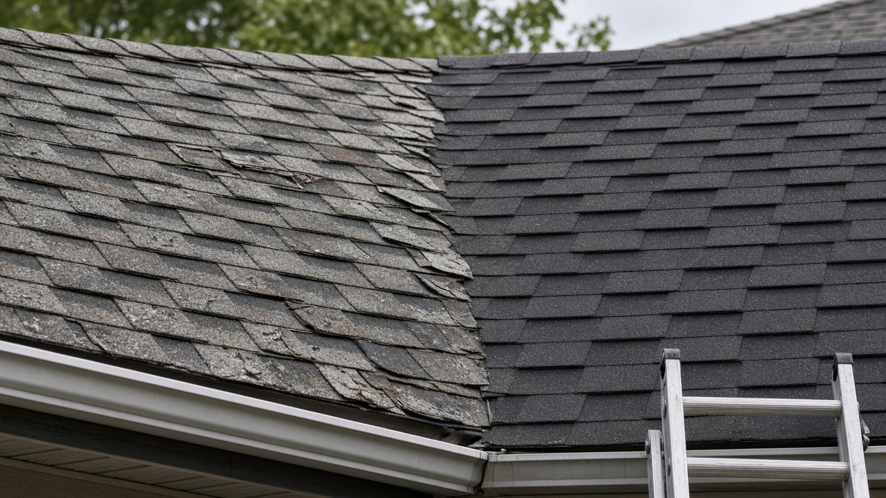 Asphalt shingle roof showing weathered gray shingles on one side and freshly installed dark shingles on the other, with a ladder against the gutter